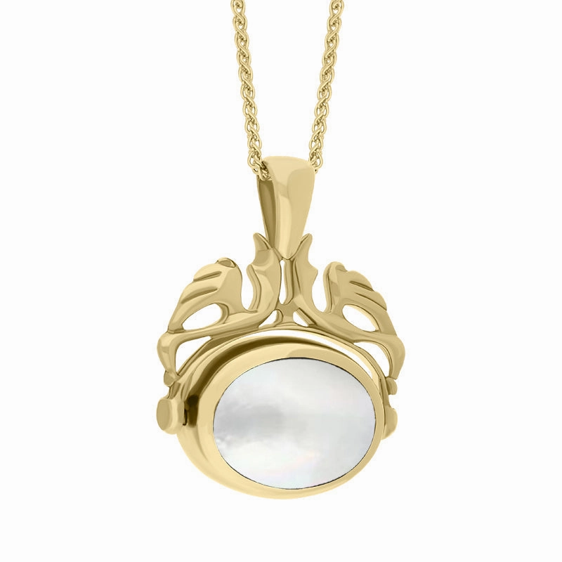 18ct Yellow Gold Whitby Jet Mother Of Pearl Double Sided Swivel Fob Necklace
