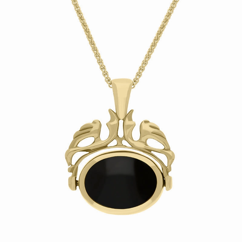 18ct Yellow Gold Whitby Jet Mother Of Pearl Double Sided Swivel Fob Necklace