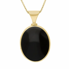 18ct Yellow Gold Whitby Jet Mother of Pearl Queens Jubilee Hallmark Double Sided Oval Necklace D