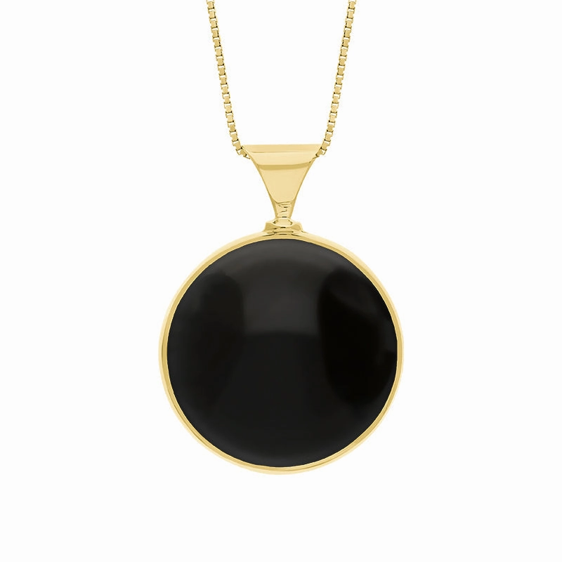 18ct Yellow Gold Whitby Jet Mother of Pearl Queens Jubilee Hallmark Double Sided Round Necklace D
