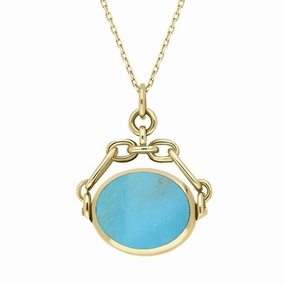 18ct Yellow Gold Whitby Jet Turquoise Double Sided Swivel Fob Necklace