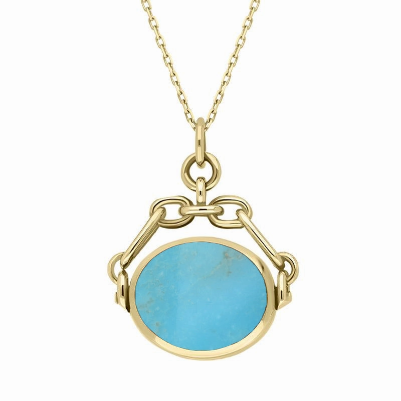 18ct Yellow Gold Whitby Jet Turquoise Double Sided Swivel Fob Necklace