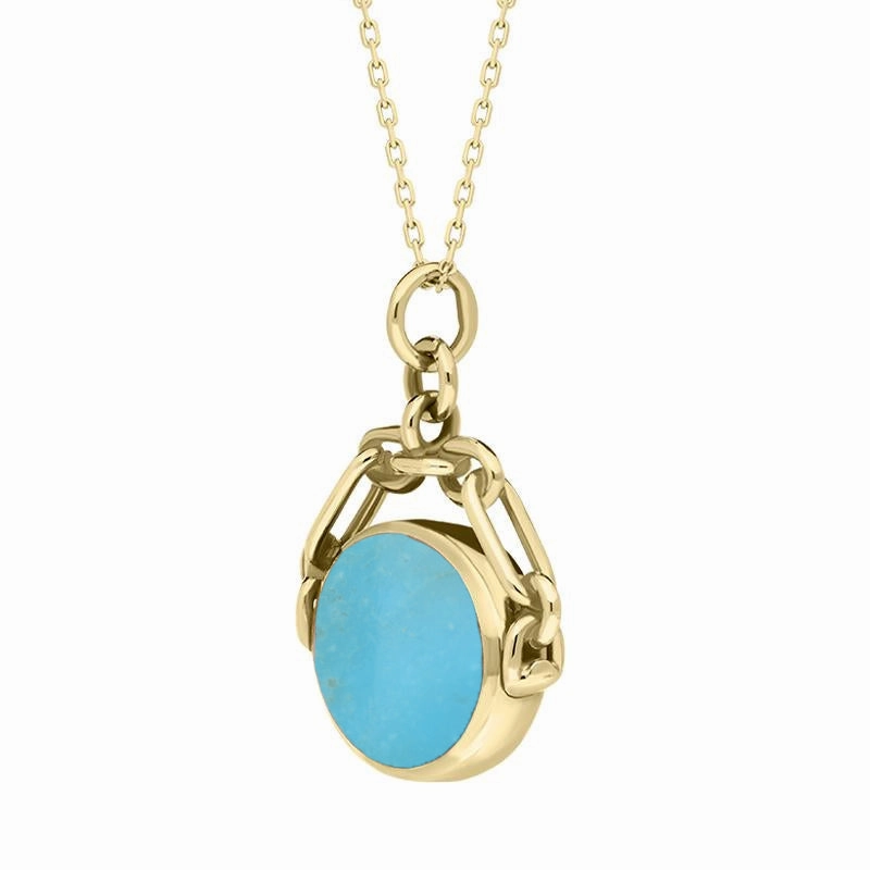 18ct Yellow Gold Whitby Jet Turquoise Double Sided Swivel Fob Necklace