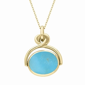 18ct Yellow Gold Whitby Jet Turquoise Oval Swivel Fob Necklace