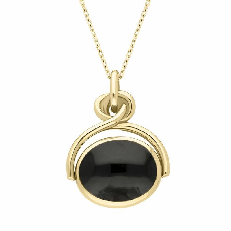 18ct Yellow Gold Whitby Jet Turquoise Oval Swivel Fob Necklace