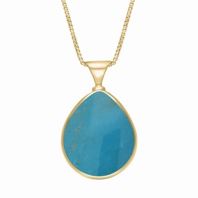18ct Yellow Gold Whitby Jet Turquoise Queens Jubilee Hallmark Double Sided Pear-shaped Necklace D