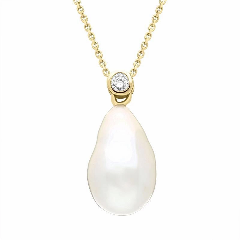 18ct Yellow Gold White Akoya Pearl Drop 0.10ct Diamond Necklace D