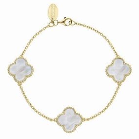 18ct Yellow Gold White Mother of Pearl Bloom Four Leaf Clover Ball Edge Chain Bracelet
