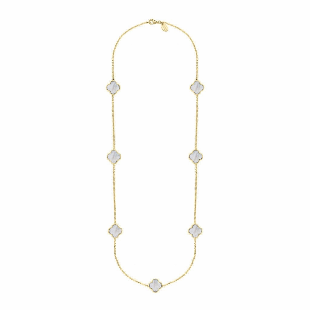 18ct Yellow Gold White Mother of Pearl Bloom Four Leaf Clover Ball Edge Long Necklace