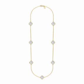18ct Yellow Gold White Mother of Pearl Bloom Four Leaf Clover Ball Edge Long Necklace