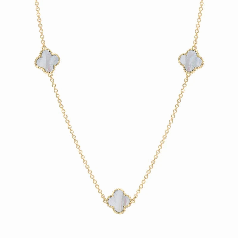 18ct Yellow Gold White Mother of Pearl Bloom Four Leaf Clover Ball Edge Necklace