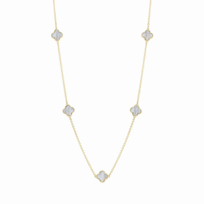 18ct Yellow Gold White Mother of Pearl Bloom Four Leaf Clover Ball Edge Necklace