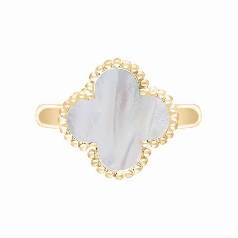 18ct Yellow Gold White Mother of Pearl Bloom Four Leaf Clover Ball Edge Ring