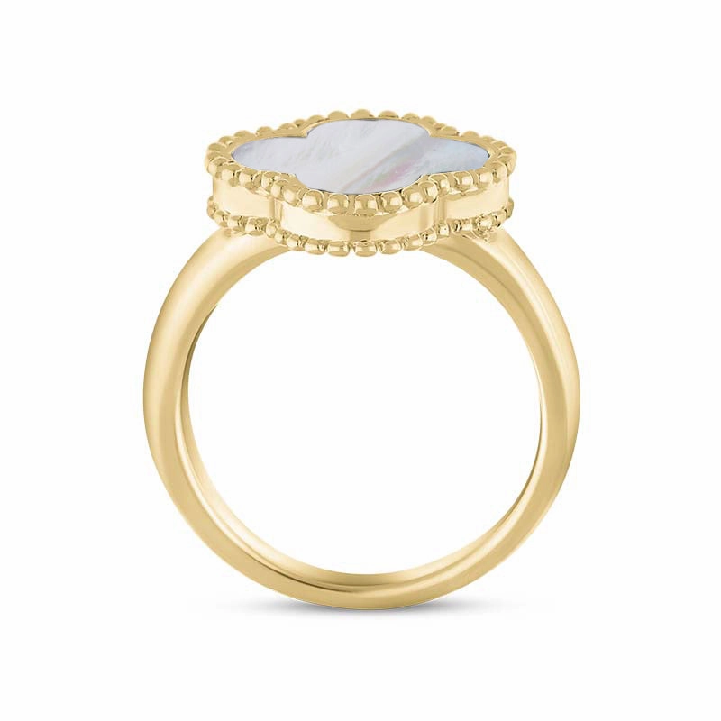 18ct Yellow Gold White Mother of Pearl Bloom Four Leaf Clover Ball Edge Ring