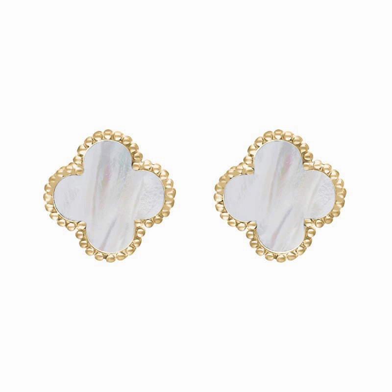 18ct Yellow Gold White Mother of Pearl Bloom Four Leaf Clover Ball Edge Stud Earrings