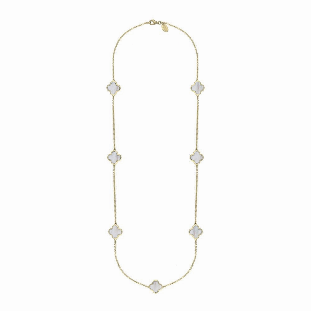 18ct Yellow Gold White Mother of Pearl Bloom Four Leaf Clover Long Necklace