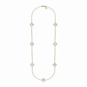 18ct Yellow Gold White Mother of Pearl Bloom Four Leaf Clover Long Necklace