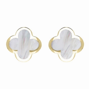 18ct Yellow Gold White Mother of Pearl Bloom Four Leaf Clover Stud Earrings