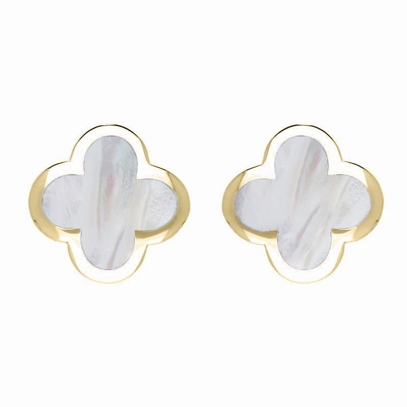 18ct Yellow Gold White Mother of Pearl Bloom Four Leaf Clover Stud Earrings