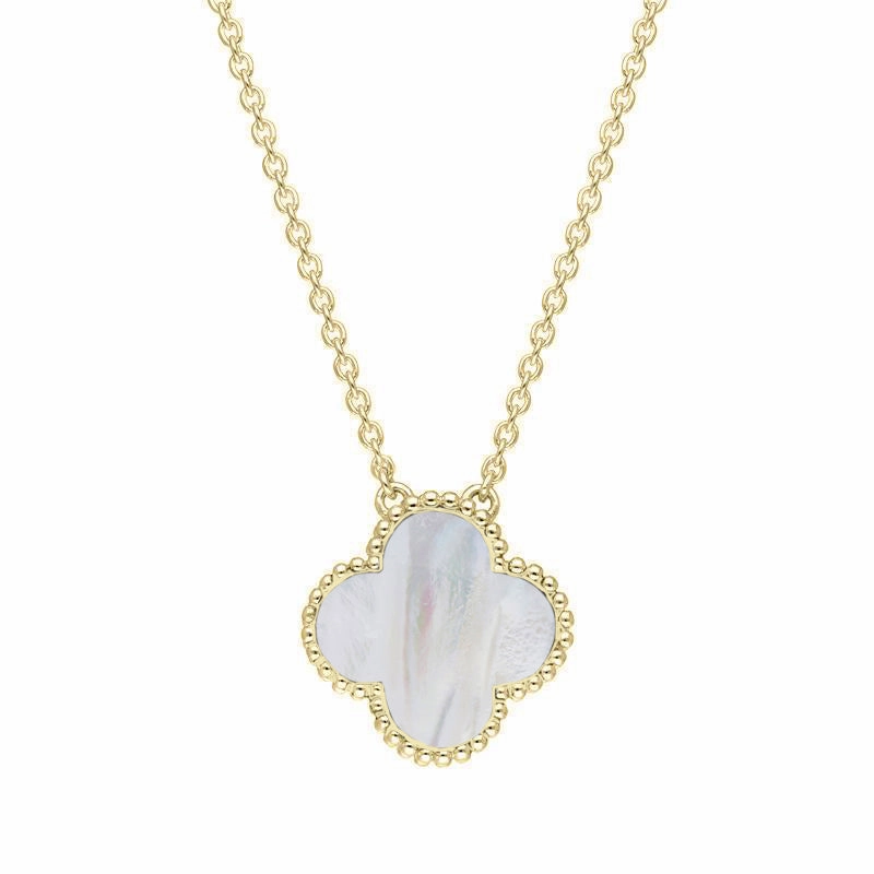 18ct Yellow Gold White Mother of Pearl Bloom Large Four Leaf Clover Ball Edge Chain Necklet