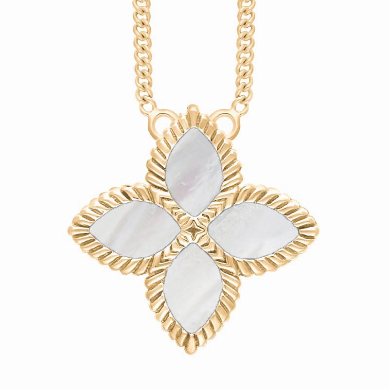 18ct Yellow Gold White Mother of Pearl Eden Large Marquise Flower Necklace