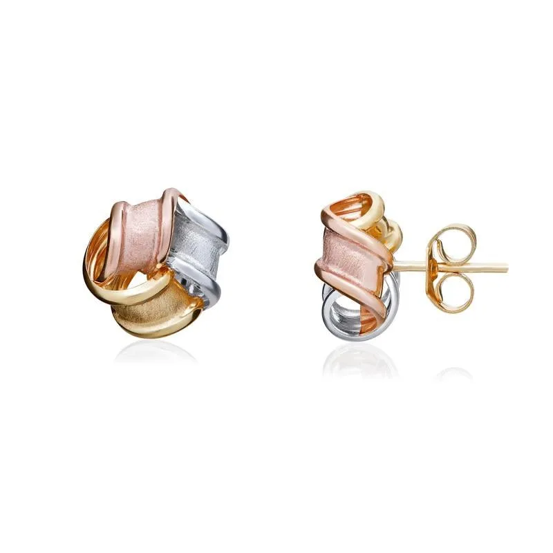 9ct Brushed Yellow, White and Rose Gold 7mm Knot Stud Earrings