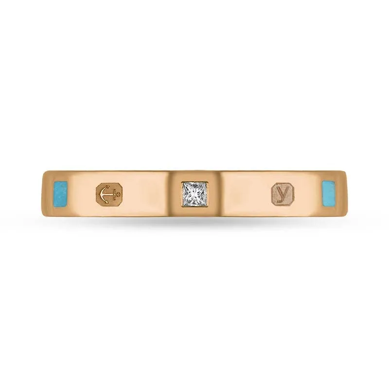 9ct Rose Gold 0.05ct Diamond Turquoise King's Coronation Hallmark Princess Cut 3mm Ring D