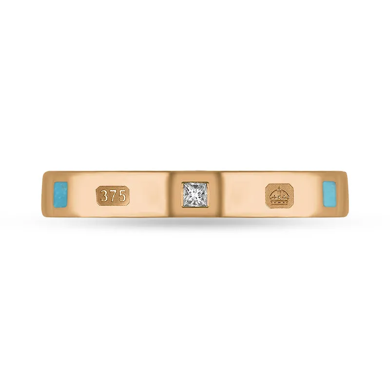 9ct Rose Gold 0.05ct Diamond Turquoise King's Coronation Hallmark Princess Cut 3mm Ring D