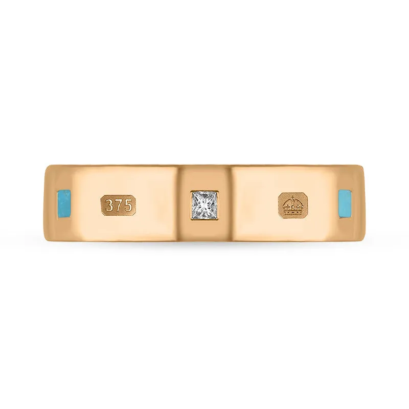 9ct Rose Gold 0.12ct Diamond Turquoise King's Coronation Hallmark Princess Cut 5mm Ring D