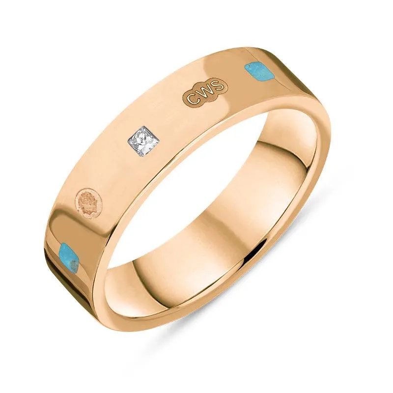 9ct Rose Gold 0.12ct Diamond Turquoise King's Coronation Hallmark Princess Cut 5mm Ring D