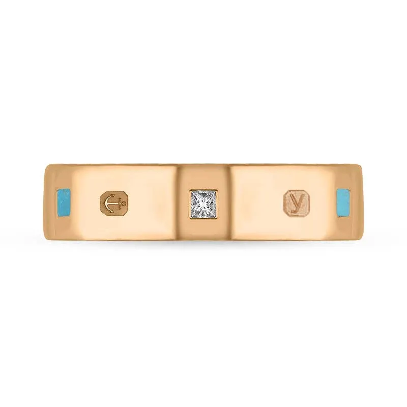 9ct Rose Gold 0.12ct Diamond Turquoise King's Coronation Hallmark Princess Cut 5mm Ring D