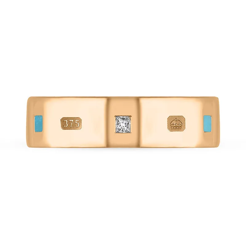 9ct Rose Gold 0.18ct Diamond Turquoise King's Coronation Hallmark Princess Cut 6mm Ring D
