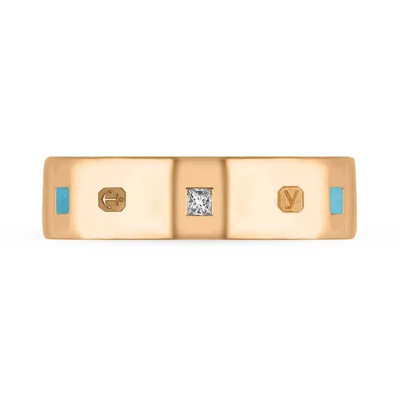 9ct Rose Gold 0.18ct Diamond Turquoise King's Coronation Hallmark Princess Cut 6mm Ring D