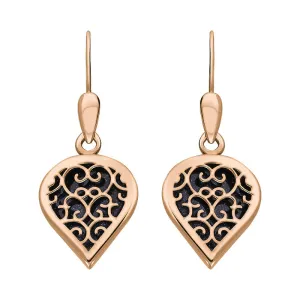 9ct Rose Gold Blue Goldstone Flore Filigree Heart Drop Earrings