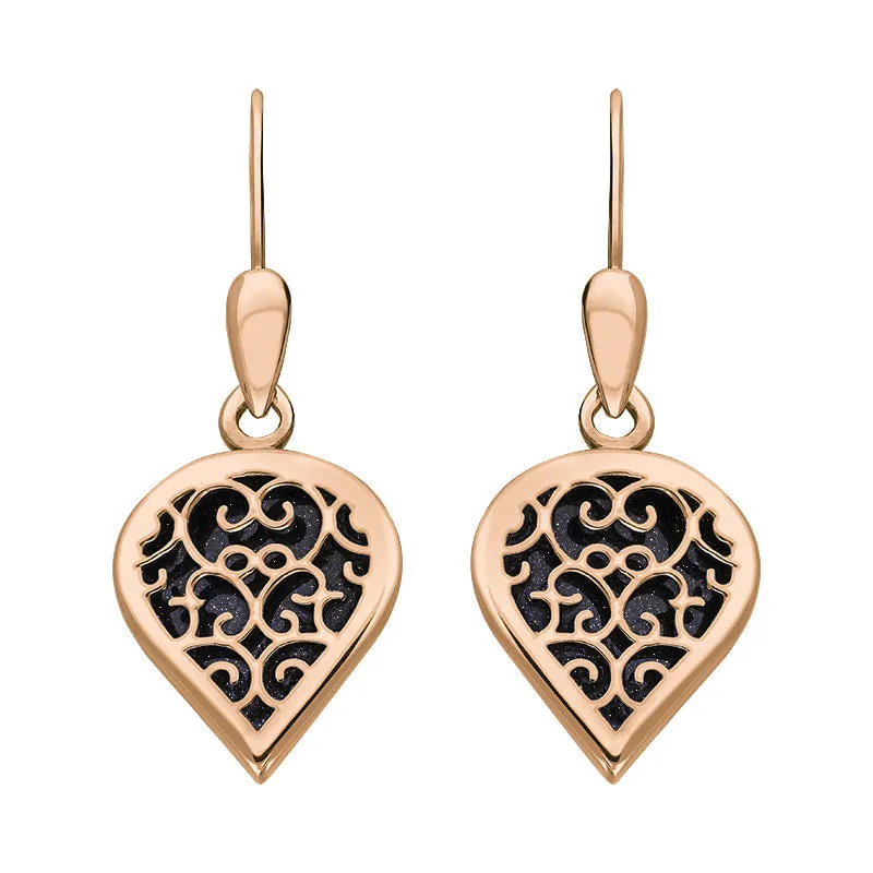 9ct Rose Gold Blue Goldstone Flore Filigree Heart Drop Earrings