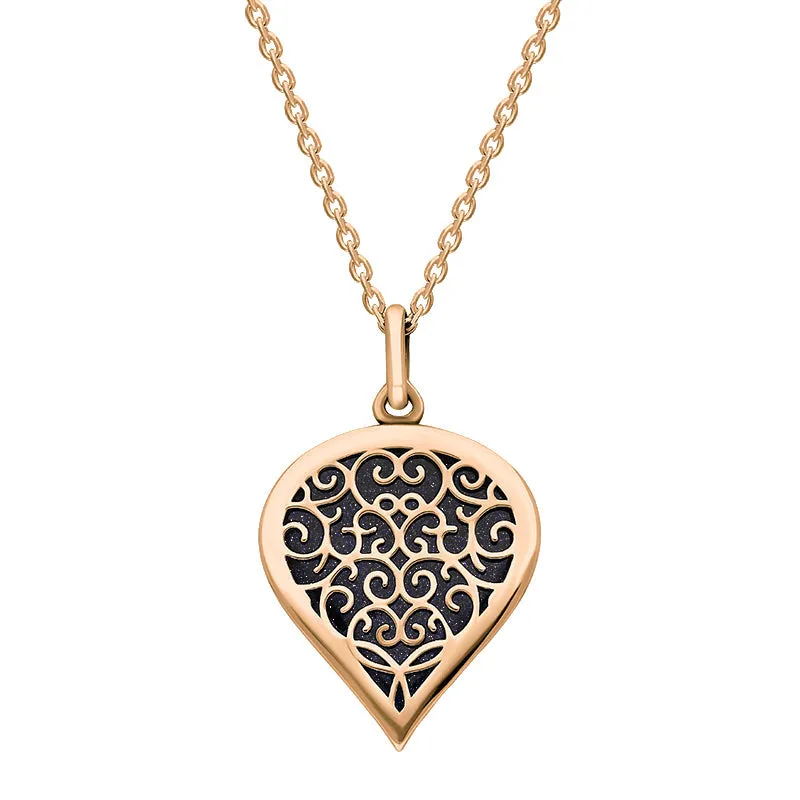 9ct Rose Gold Blue Goldstone Flore Filigree Medium Heart Necklace