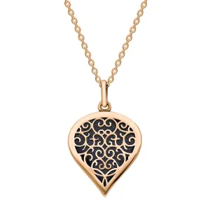 9ct Rose Gold Blue Goldstone Flore Filigree Medium Heart Necklace