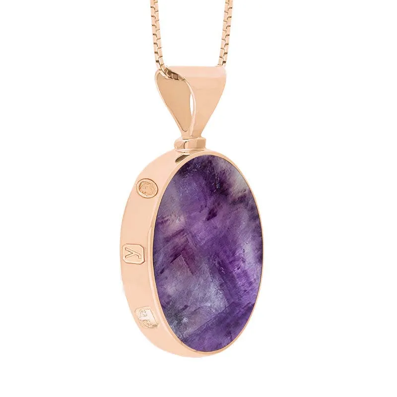9ct Rose Gold Blue John Mother of Pearl King's Coronation Hallmark Double Sided Oval Necklace D