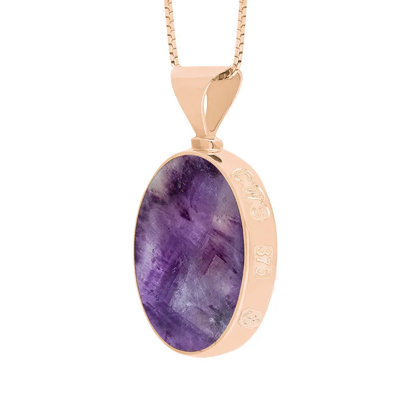 9ct Rose Gold Blue John Mother of Pearl King's Coronation Hallmark Double Sided Oval Necklace D