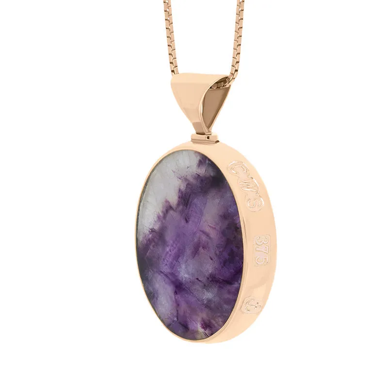 9ct Rose Gold Blue John Mother of Pearl King's Coronation Hallmark Double Sided Oval Necklace D