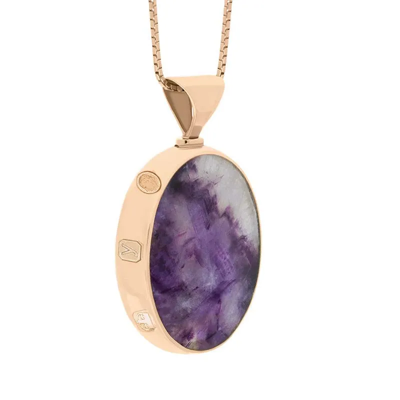 9ct Rose Gold Blue John Mother of Pearl King's Coronation Hallmark Double Sided Oval Necklace D