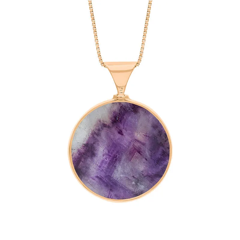 9ct Rose Gold Blue John Mother of Pearl Queens Jubilee Hallmark Double Sided Round Necklace D
