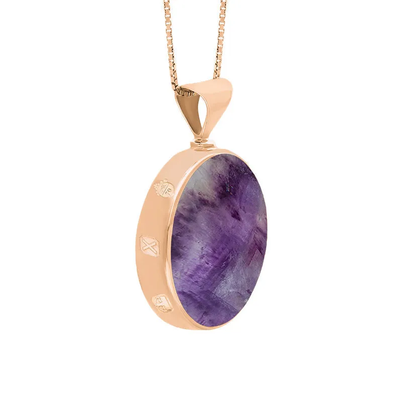 9ct Rose Gold Blue John Mother of Pearl Queens Jubilee Hallmark Double Sided Round Necklace D