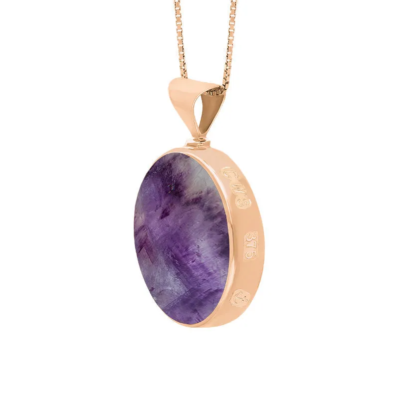 9ct Rose Gold Blue John Mother of Pearl Queens Jubilee Hallmark Double Sided Round Necklace D