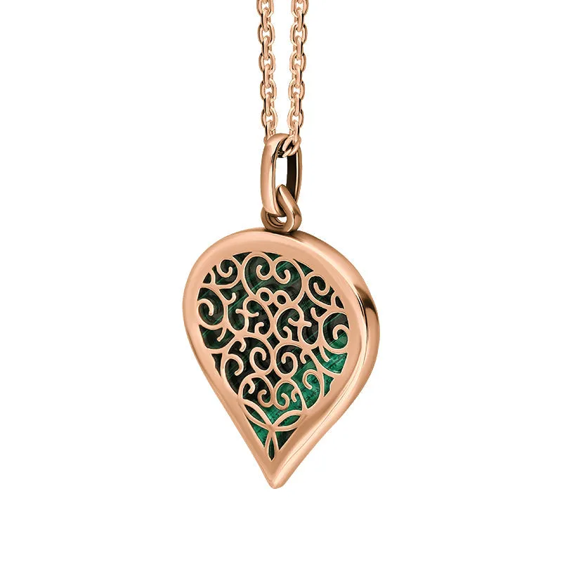 9ct Rose Gold Malachite Flore Filigree Medium Heart Necklace
