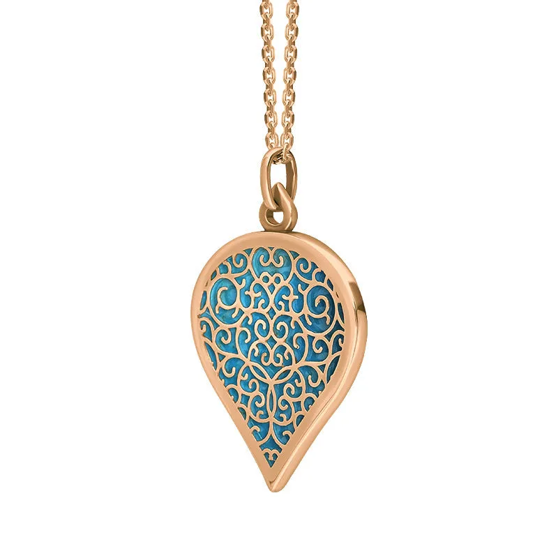 9ct Rose Gold Turquoise Flore Filigree Large Heart Necklace