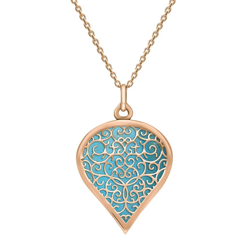 9ct Rose Gold Turquoise Flore Filigree Large Heart Necklace