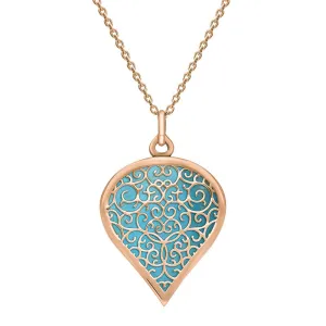 9ct Rose Gold Turquoise Flore Filigree Large Heart Necklace
