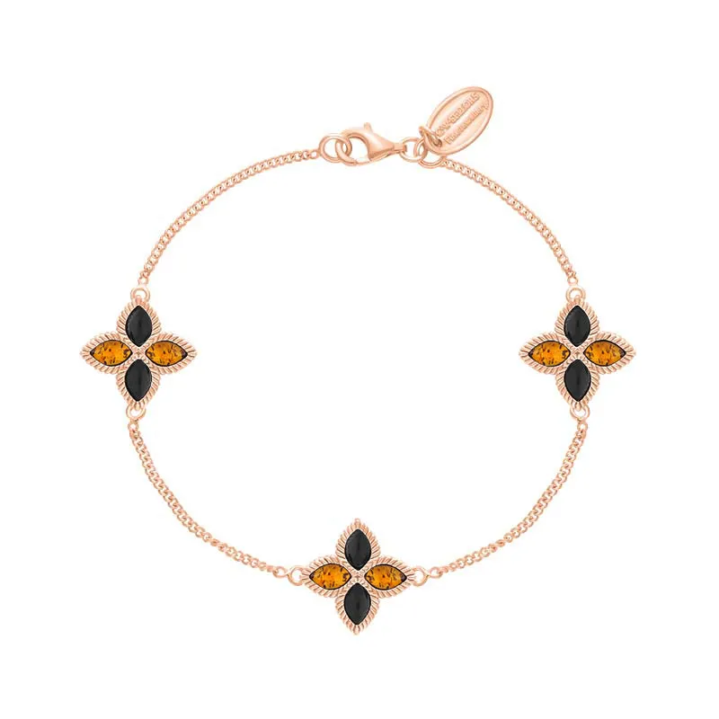 9ct Rose Gold Whitby Jet And Amber Eden Marquise Flower Bracelet