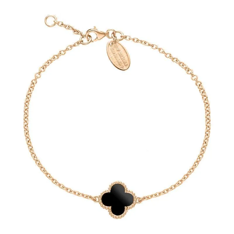 9ct Rose Gold Whitby Jet Bloom Four Leaf Clover Ball Edge Chain Bracelet